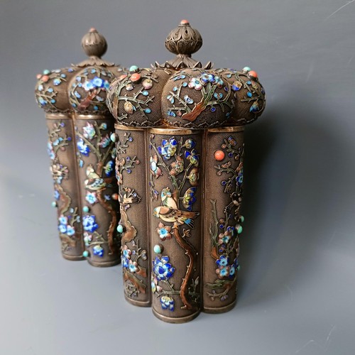 393 - A pair of Chinese silver and enamel caddies, decorated flowers and birds, all in 1,076.9 g, 20 cm hi... 