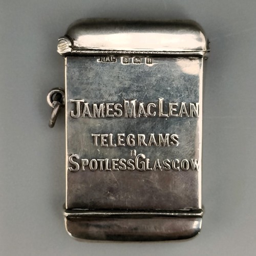 427 - A George V silver novelty vesta, reading James McClean Telegrams Spotless Glasgow, Birmingham 1912, ... 