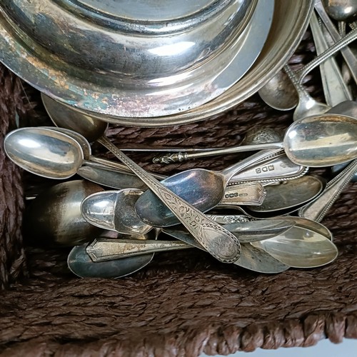 439 - Assorted silver spoons, various dates and marks, 7 ozt, assorted silver plated spoons, and a muffin ... 