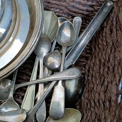 439 - Assorted silver spoons, various dates and marks, 7 ozt, assorted silver plated spoons, and a muffin ... 