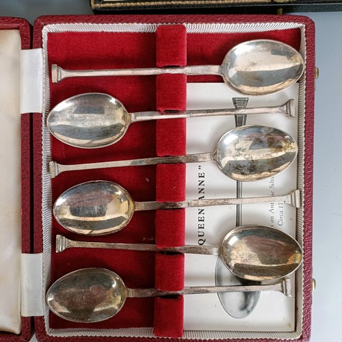 440 - A George V pair of salad servers, a set of six Queen Anne style spoons, 6.4 ozt, and three sets of s... 