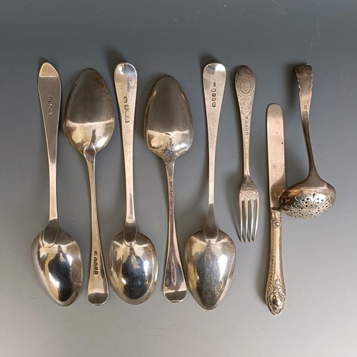 442 - A George III Old English pattern serving spoon, four other spoons, a fork, a ladle, 11.1 ozt and a s... 