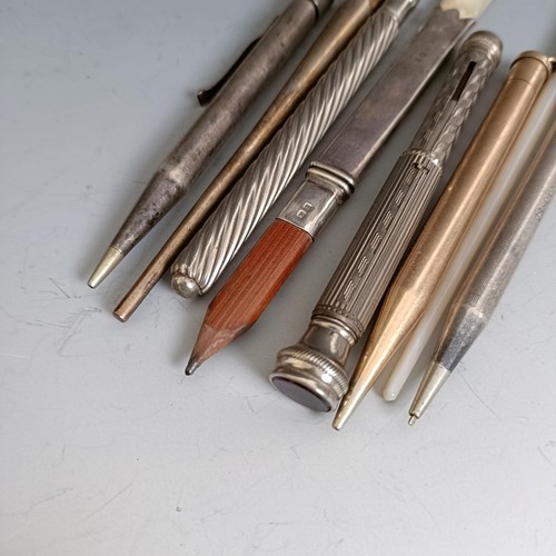 445 - Assorted silver coloured metal and gilt metal pens and pencils (box)