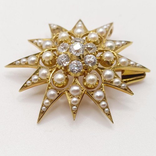 23 - ***Withdrawn*** A diamond and seed pearl star pendant/brooch, in a Gieves jewellery box