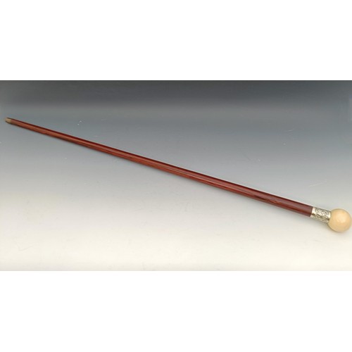 566 - A 19th century rosewood and ivory walking stick, with a silver coloured metal collar, 97 cm, Ivory E... 