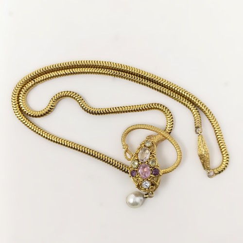 201 - A Victorian yellow coloured metal and gem set snakehead necklace