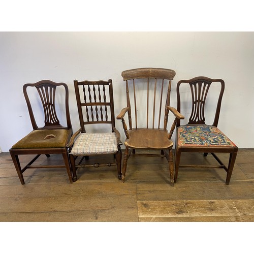 912 - A Windsor chair, a Queen Anne style chair, six other chairs, a rug and two mats (11)