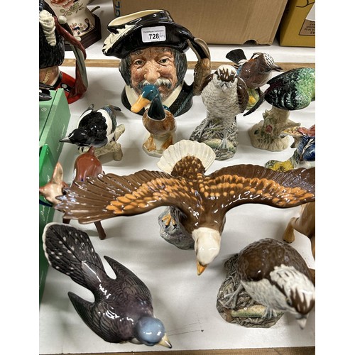 728 - A Beswick eagle, a duck, assorted birds, and two character jugs (qty)