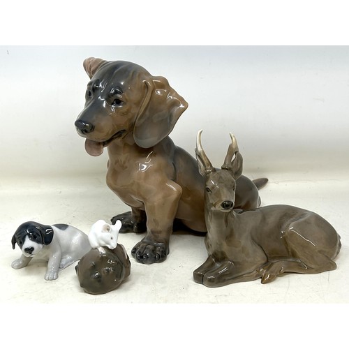 743 - A Royal Copenhagen figure of a dog, another of a stag, a puppy, and a mouse (4)