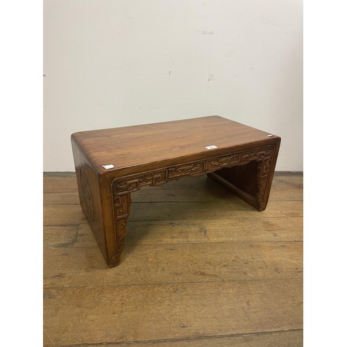 845 - A Chinese low table, 70 cm wide, a mahogany stand, 50 cm wide, a nest of tables, a chest of small pr... 