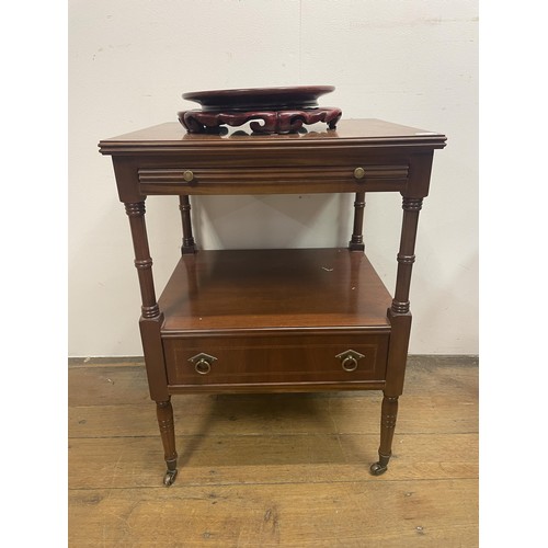 845 - A Chinese low table, 70 cm wide, a mahogany stand, 50 cm wide, a nest of tables, a chest of small pr... 