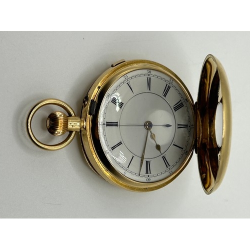 313 - An 18ct gold half hunter chronograph pocket watch, cased