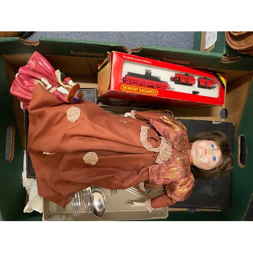 821 - An early 20th century doll, restored, a Royal Doulton figure, assorted silver plated flatwares, and ... 