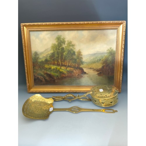 818 - L Richards, a landscape, oil on canvas, 39 x 59 cm, a brass chestnut pan and a chestnut roaster (3)