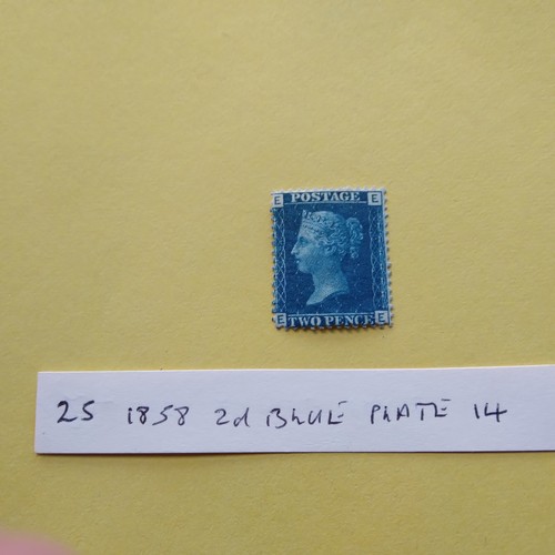 25 - An 1858 2d blue plate 14, unused