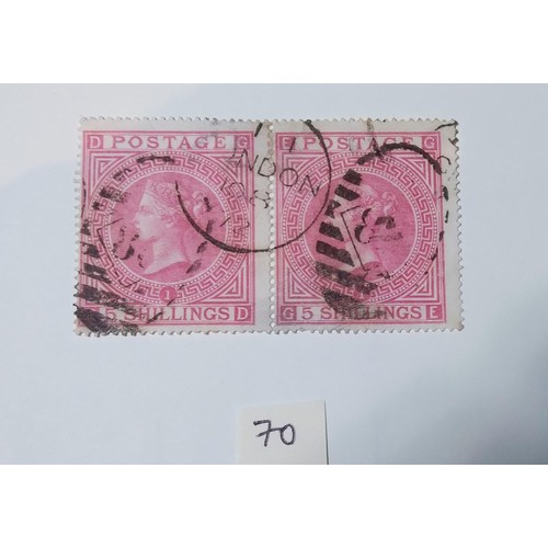 70 - An 1867 5s rose pair, plate 1, used, nice postmark, good colour, cat £1,350