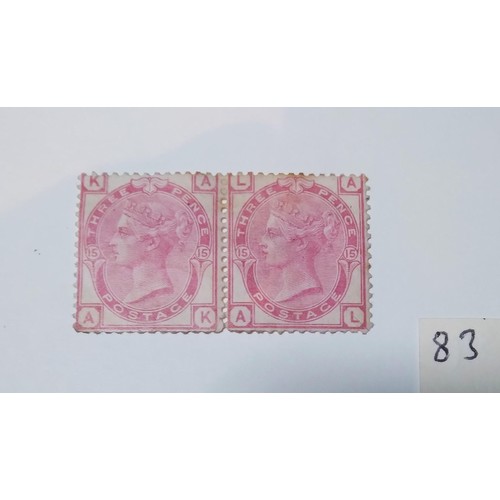 83 - An 1873 3d rose, plate 15, unused pair, good colour, right stamp has crease, cat £1,050