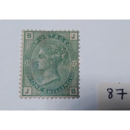 87 - An 1873 1s green, plate 12, unused, nice fresh colour, cat £650