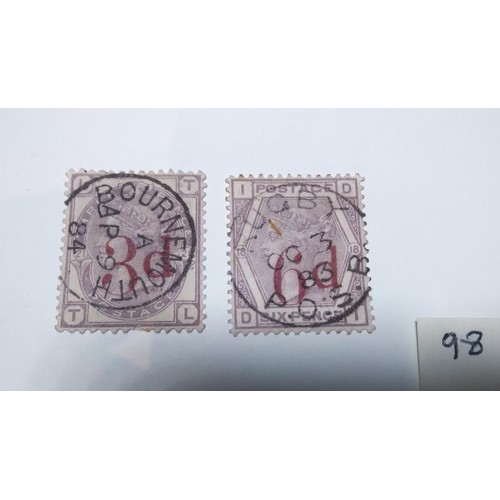 98 - An 1880 pair of over prints 3d and 6d, used, with very fine postmarks, Bournemouth and Rugby, cat £3... 