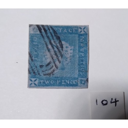 104 - Mauritius, 1859, 2d blue, imperf used, four full margins