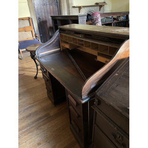 1691 - An oak tambour fronted desk, 120 cm wide, a mahogany lectern, 122 cm high, and an Art Nouveau style ... 