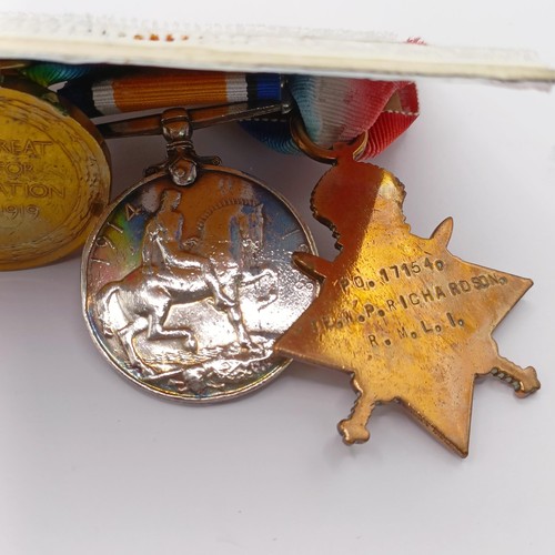 713 - A group of four medals, awarded to PO 17154 Pte W P Richardson RMLI, comprising a 1914-15 Star Trio ... 