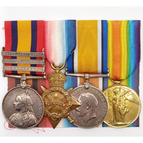 721 - A group of four medals, awarded to 5967 G F Rosam Essex Regiment, comprising a Queen's South Africa ... 