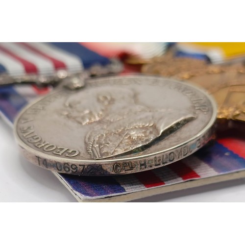 730 - A group of four medals, awarded to T4-069724 Cpl H Lloyd, 332/Coy ASC, and a 1914-15 Star Trio  Prov... 