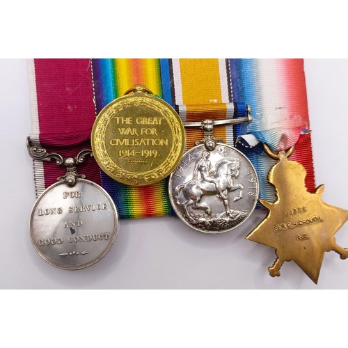 749 - A group of four medals, awarded to 21355 Spr G H Crouch RE, comprising a 1914-15 Star Trio and a LS ... 