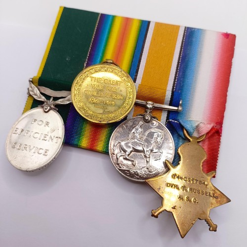 751 - A group of four medals, awarded to T4-091754 Dvr T Russell ASC, comprising a 1914-15 Star Trio, and ... 