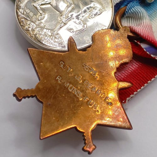 762 - A 1914-15 Star Trio, awarded to 5575 Sjt J Pearce R Muns Fus (BWM name erased) Provenance:  From a l... 