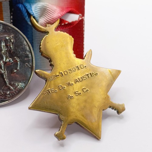 764 - A group of five medals, awarded to M2-103910 Pte D W Austin ASC, comprising a 1914-15 Star Trio, a M... 