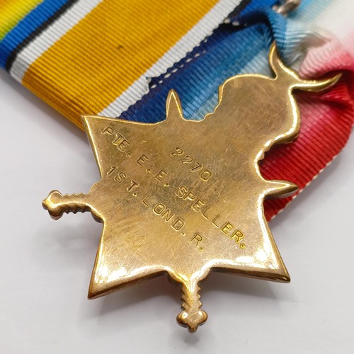 772 - A 1914-15 Star Trio, awarded to 2270 Pte E E Speller 1st Lond R  Provenance:  From a lifetime of med... 