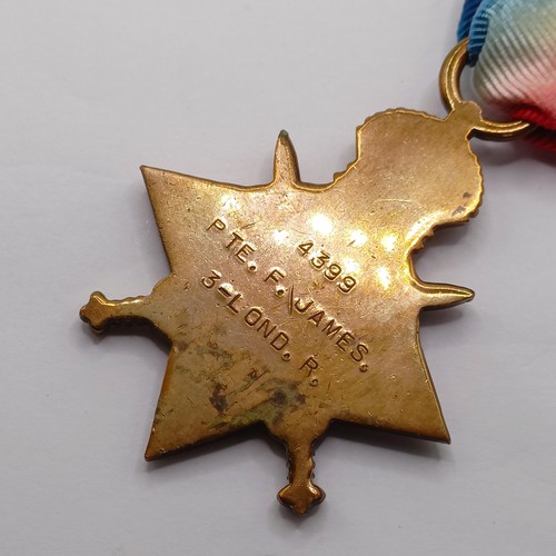 774 - A 1914-15 Star Trio, awarded 4399 Pte F James 3-Lond R Provenance:  From a lifetime of medal collect... 