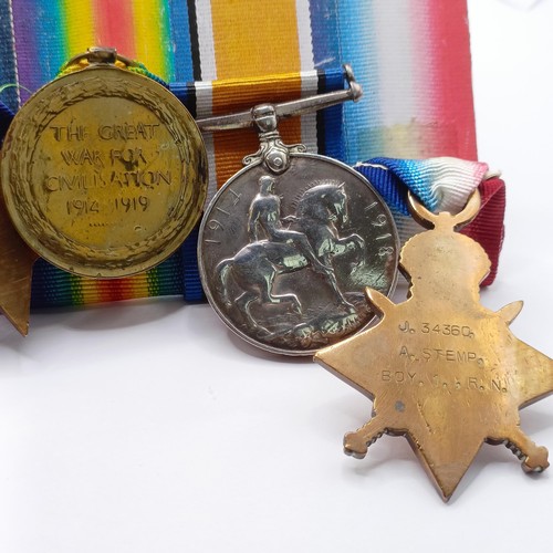 783 - A group of seven medals, awarded to J 34360 A Stemp Boy 1 RN, comprising a 1914-15 Star Trio (worn w... 