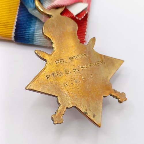 788 - A group of six medals, awarded to PO 15591 Pte G H Harvey RMLI, comprising a 1914-15 Star Trio (MID)... 