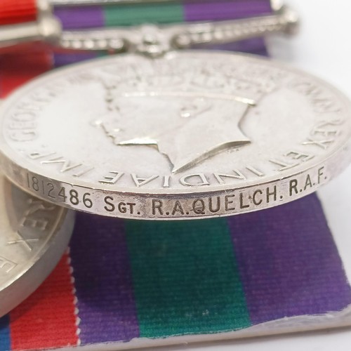 818 - A group of three medals, awarded to 1812486 Sgt R A Quelch RAF, comprising a Defence Medal, a War Me... 