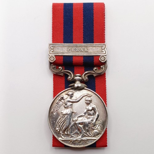 867 - An India General Service Medal, awarded to T Mason Pte R M HMS Ringdove, with Perak clasp  Provenanc... 