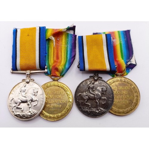 873 - A British War Medal and Victory Medal pair, awarded to 204028 Pte J E Billingham Worc R, and another... 