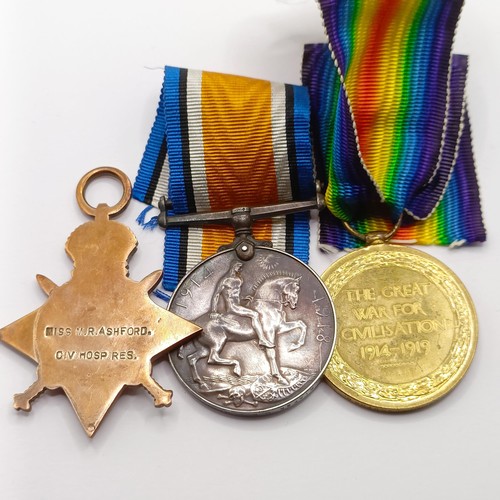 913 - A 1914-15 Star Trio, awarded to Miss M R Ashford Civ Hosp Res Provenance:  From a lifetime of medal ... 