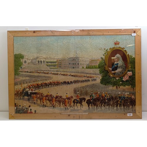 1247 - A late Victorian handcut jigsaw puzzle of The Diamond Jubilee Procession June 22nd 1897, framed, 62 ... 