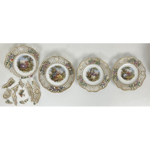 1310 - A Dresden part dessert service, with a pierced border, the centres decorated with figures (qty)