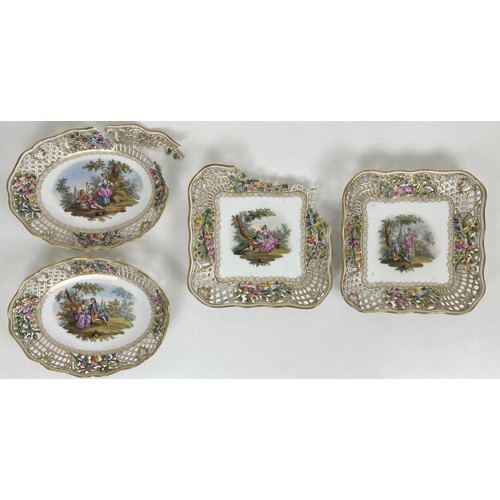 1310 - A Dresden part dessert service, with a pierced border, the centres decorated with figures (qty)