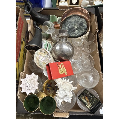 1356 - Assorted glassware, a copper kettle, other items and assorted pictures (4 boxes)