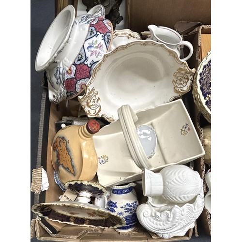 1360 - A Coalport shell dish, other ceramics, and assorted linen (3 boxes)