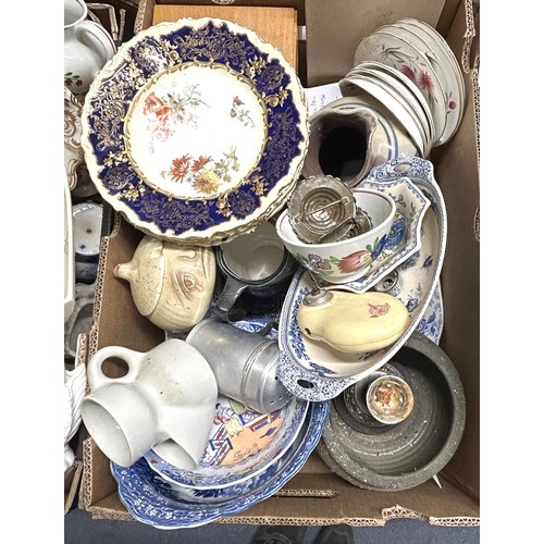 1360 - A Coalport shell dish, other ceramics, and assorted linen (3 boxes)