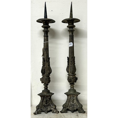 1361 - A pair of silver plated ecclesiastical style pricket candlesticks, 55 cm high (2)