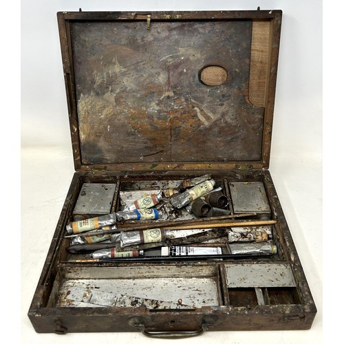 1366 - A French wood carvers type set, in a fitted walnut box, 32.5 cm wide, and an artists paintbox, 35.5 ... 