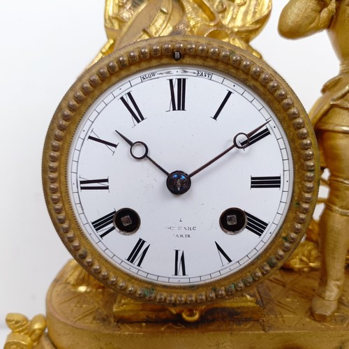 1510 - A gilt metal mantle clock, with enamel dial, in a gilt metal figural case, under a glass dome, 40 cm... 