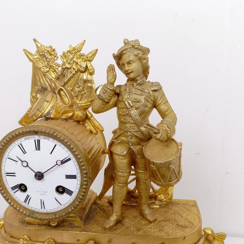 1510 - A gilt metal mantle clock, with enamel dial, in a gilt metal figural case, under a glass dome, 40 cm... 